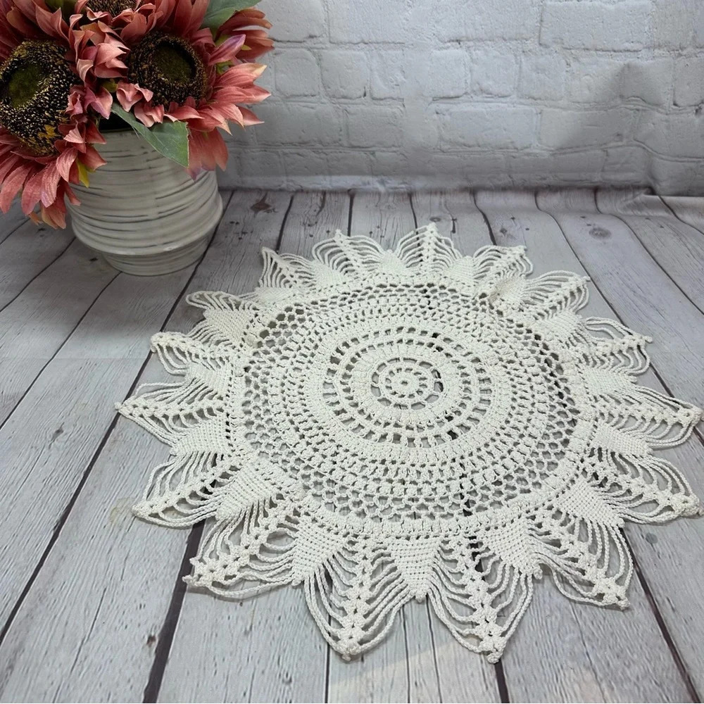 vintage hand crafted crochets round snowflake doily cottagecore